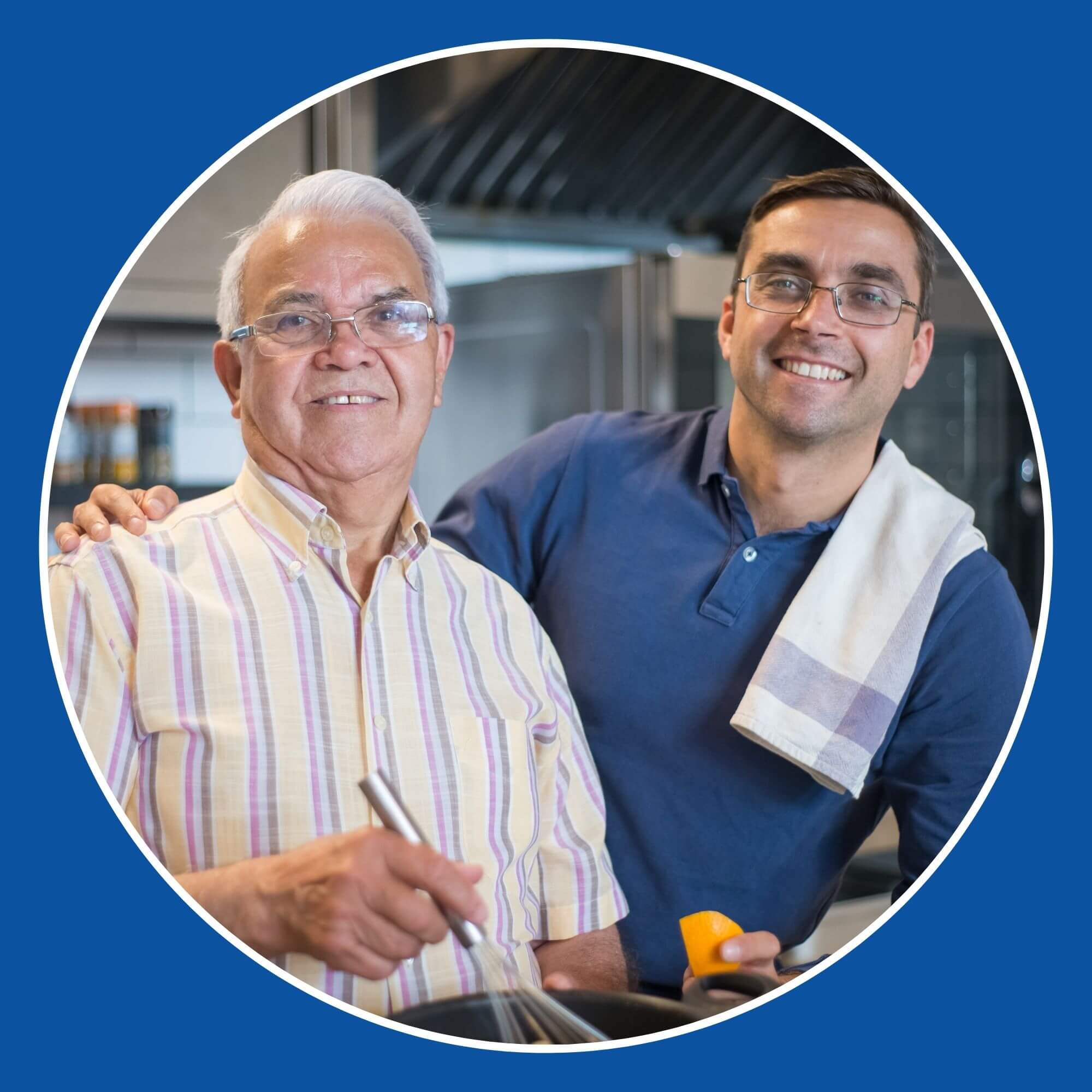 The photo shows a father and son smiling and cooking together. Image from Pexels (Photographer is Kampus Productions)