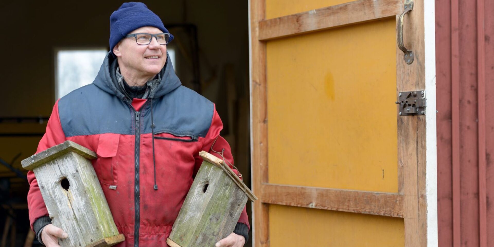 A photo showing a contented looking middle aged man coming out of his shed carrying two bird boxes.